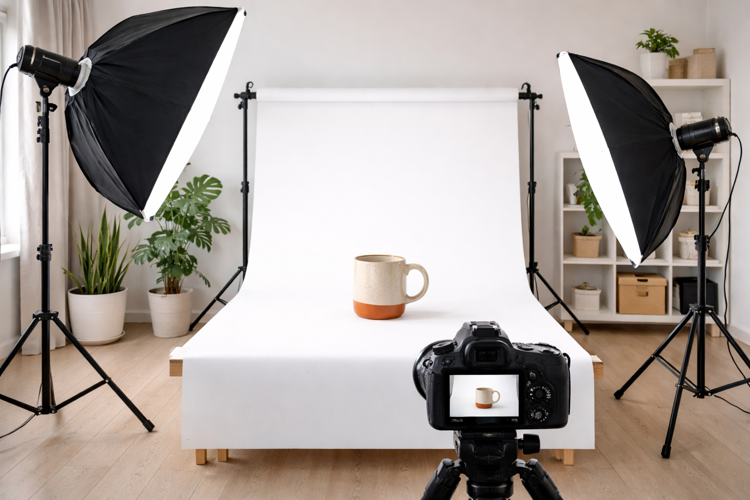 Stüdyoda beyaz fon üzerine yerleştirilmiş ürün çekim kurulumu